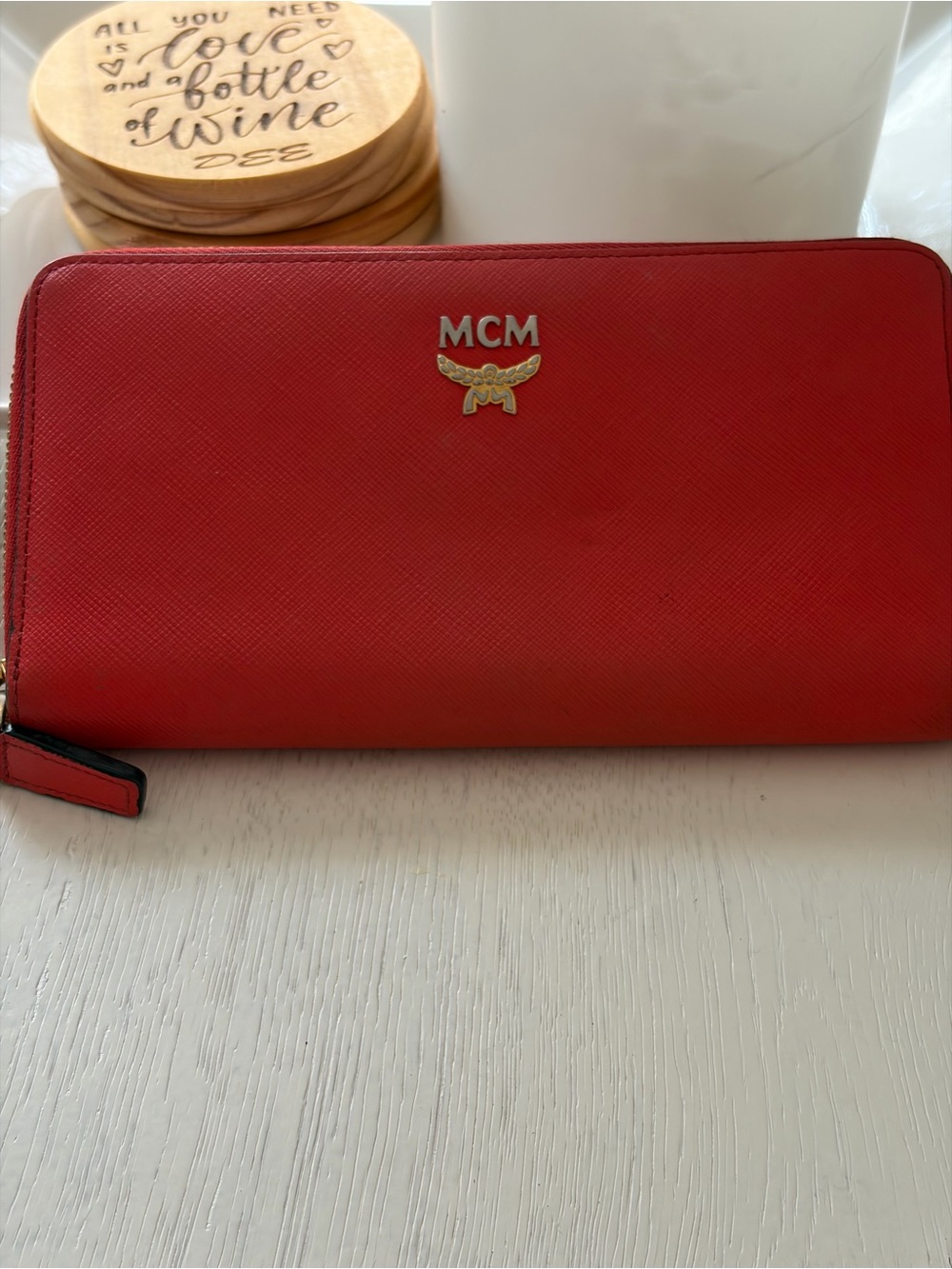 MCM Red Saffiano Zip-Around Continental Wallet